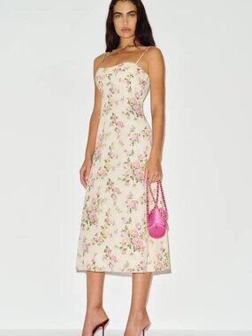 NEW Reformation Milica Midi Dress Posy Cream Pink Floral | US 6 UK 10